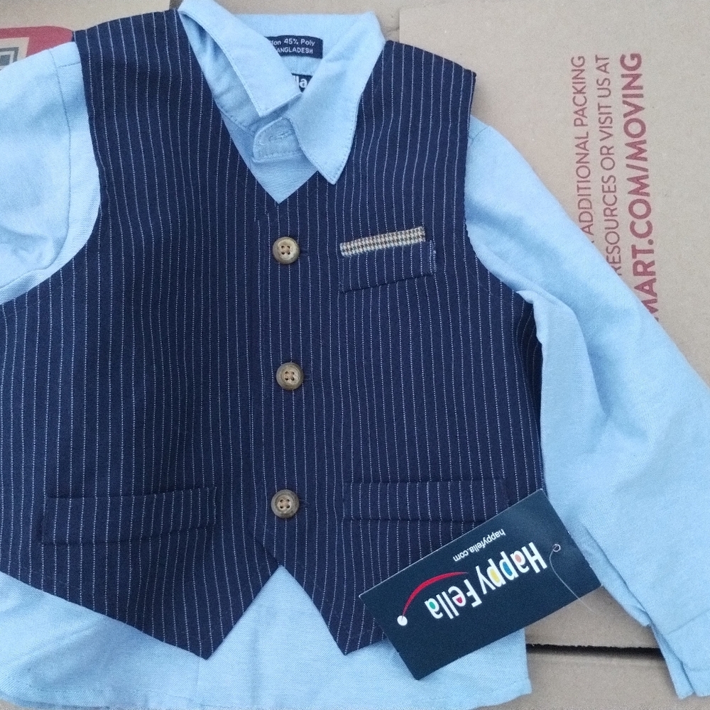 Happy Fella Boys 3T Blue shirt with Blue and White Pinstriped Vest NWT